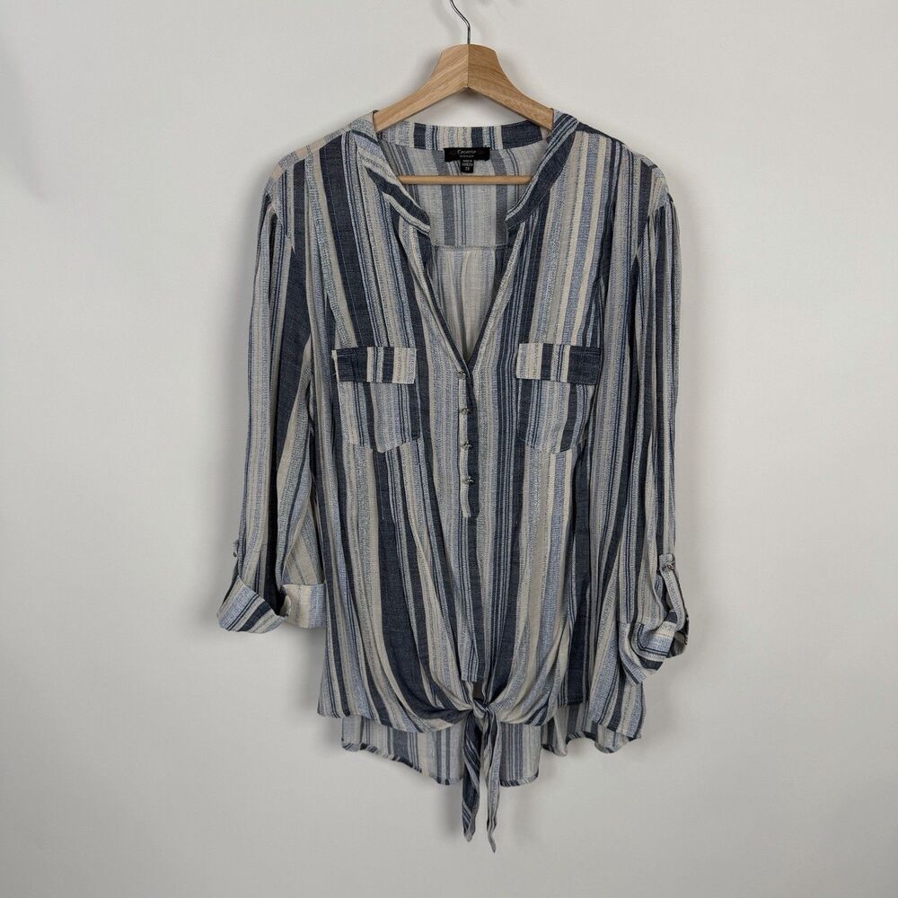 Cocomo Plus Size 2X Blue Striped Button Front Waist Tie Blouse 3/4 Sleeve Top